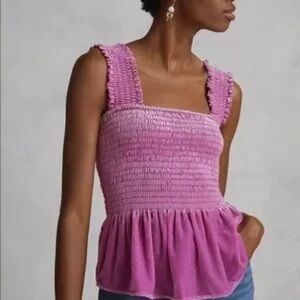 Anthropologie Women’s Pink Smocked Velvet Peplum Tank Top in L Romantic coquette